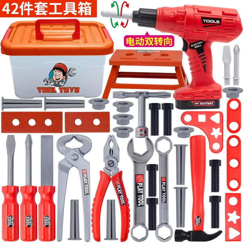 Kids pretend tool kit with red and gray plastic tools including drill, pliers, wrenches, screwdrivers, and storage box